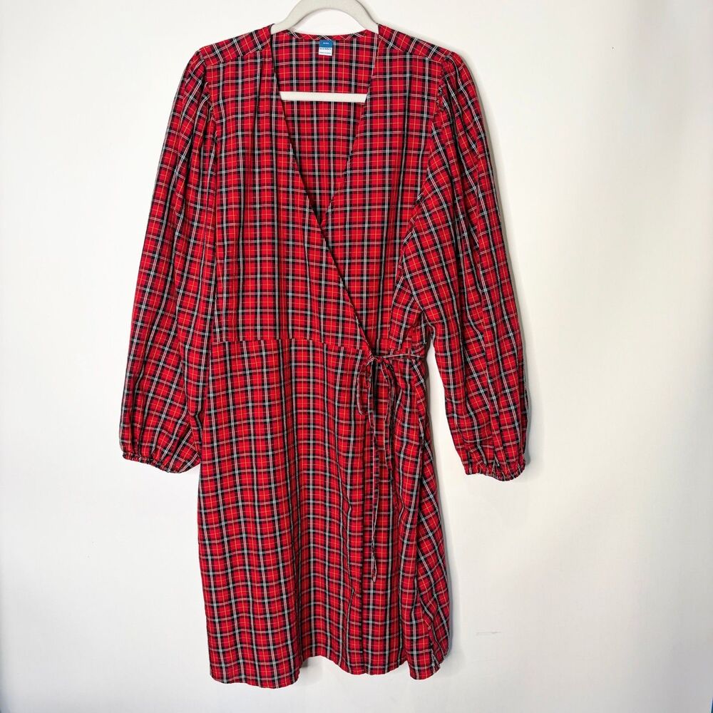 Old Navy Wrap Dress Mini Red Black Holiday Christmas Plaid Long Sleeve Women XXL
